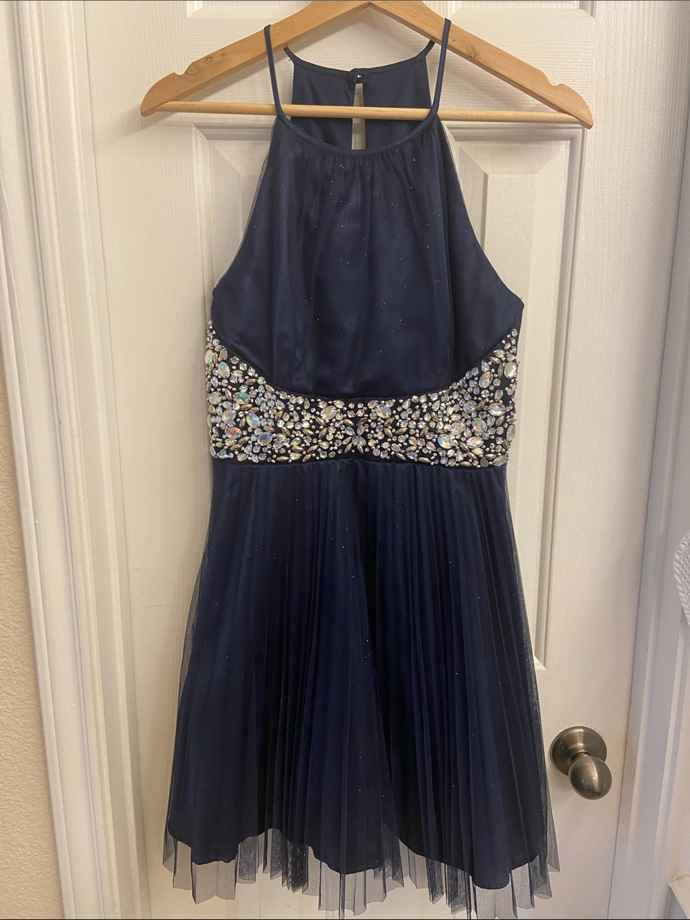Macy's Navy Beaded Halter Party Dress
